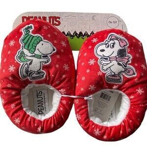 Peanuts Snoopy & Belle Plush Slippers Kids Size 13/1  Holiday Ice Skating